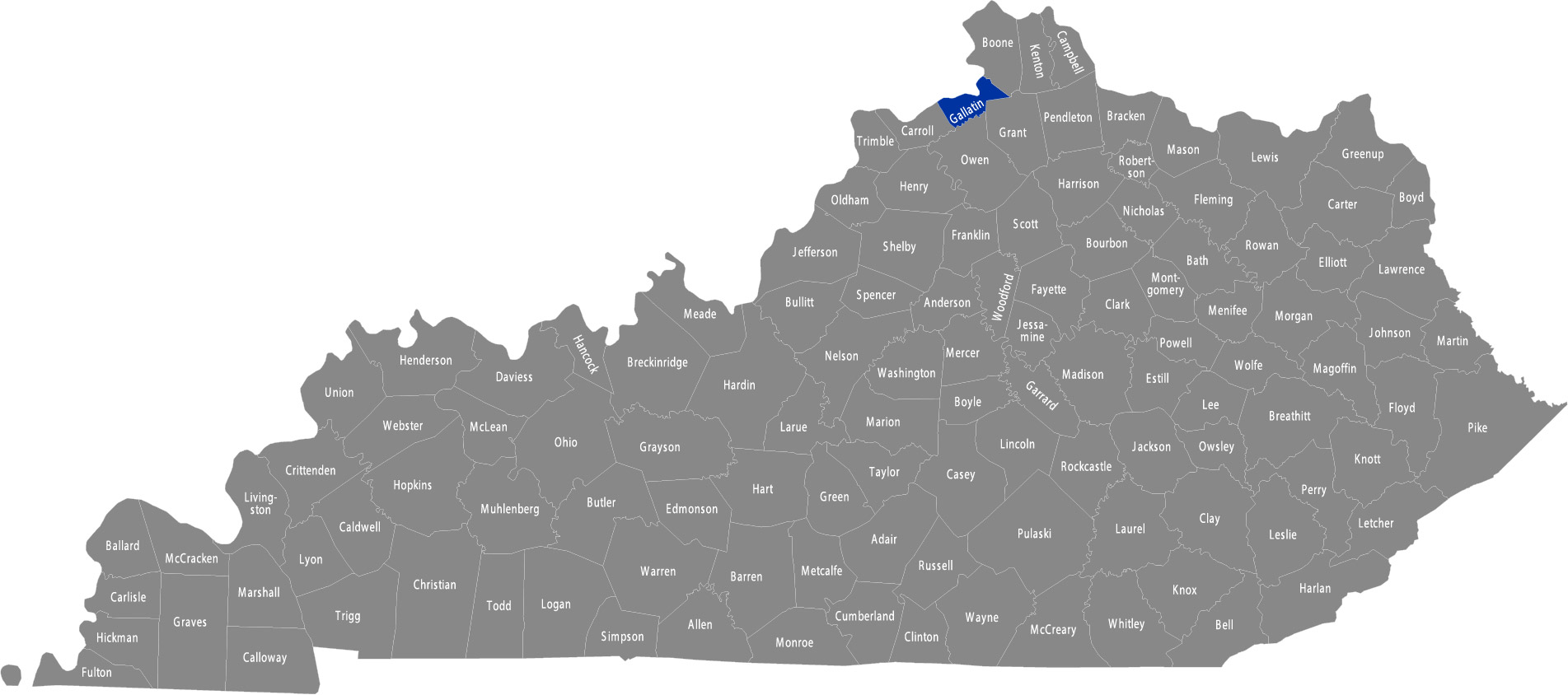 State of Kentucky map with Gallatin County highlighted