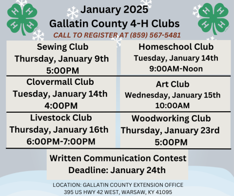 Gallatin County 4-H January 2025 Clubs/Activities