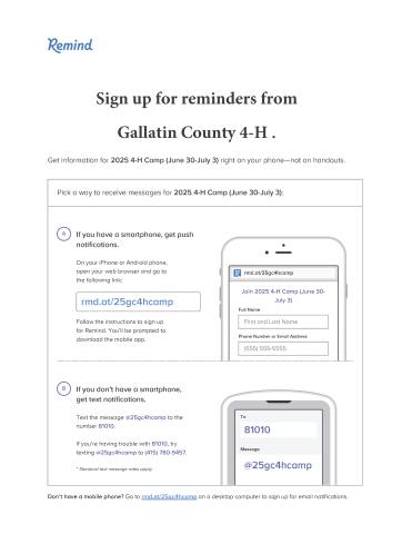 Gallatin County 2025 4-H Camp Remind Directions