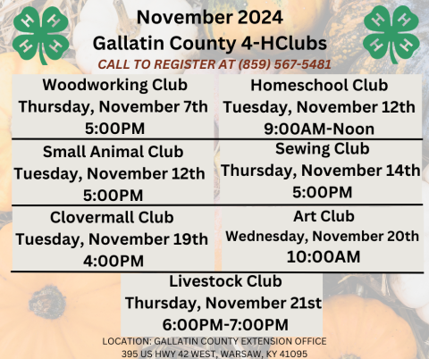 Gallatin County 4-H November 2024 Clubs/Activities