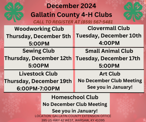 Gallatin County 4-H December 2024 Clubs/Activities